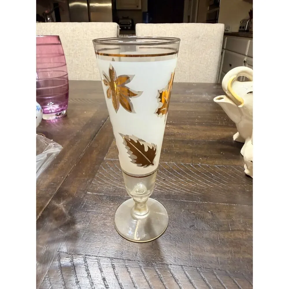 MCM Vintage 1960s Libbey Frosted Tom Collins Glass Gold Foliage Pattern 7